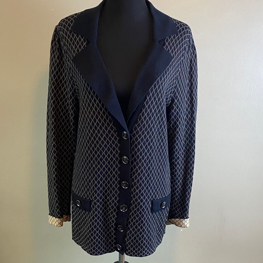 Lane Bryant Black & Beige Cardigan Sweater Diamond Pattern 100% Cotton Sz 14/16